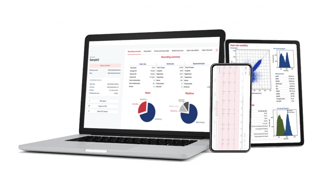 Cardiomatics ECG analysis platform on laptop, tablet and smartphone
